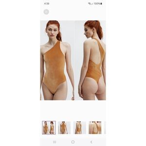 New Large Fabletics Light Honey Gigi Velour Thong Bodysuit One Shoulder NWT